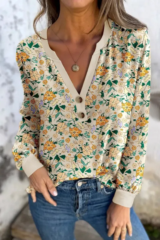 Floral Print Notched Long Sleeve Blouse sold by Charming Charlie