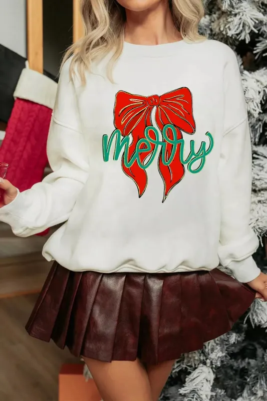 Merry Bow Graphic Drop Shoulder Loose Christmas Sweatshirt sold by Charming Charlie