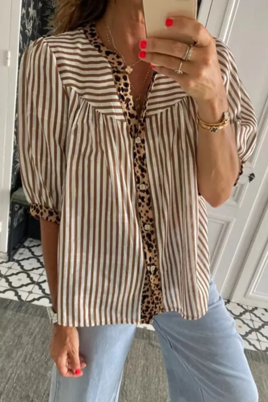 Striped Leopard Trim Button-Down Shirt made by Trendsi