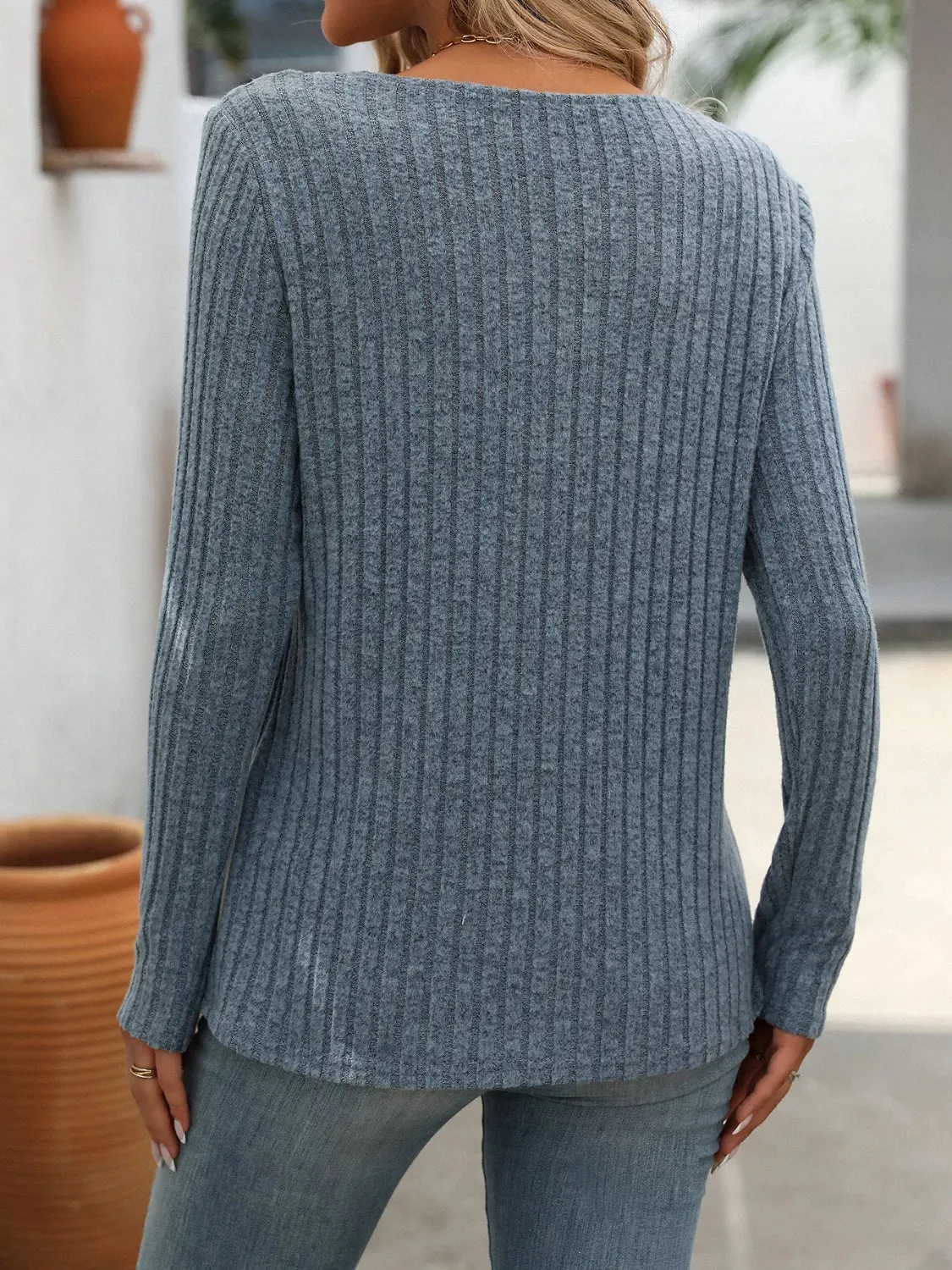 Ribbed Knit Long Sleeve Button Detail T-Shirt sold by Charming Charlie product image thumbnail 5