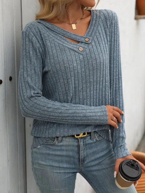 Ribbed Knit Long Sleeve Button Detail T-Shirt sold by Charming Charlie