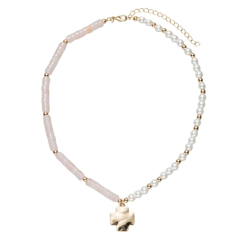 Pink, Gold, Pearl Rose Quartz Beaded Necklace with Gold Cross sold by Charming Charlie
