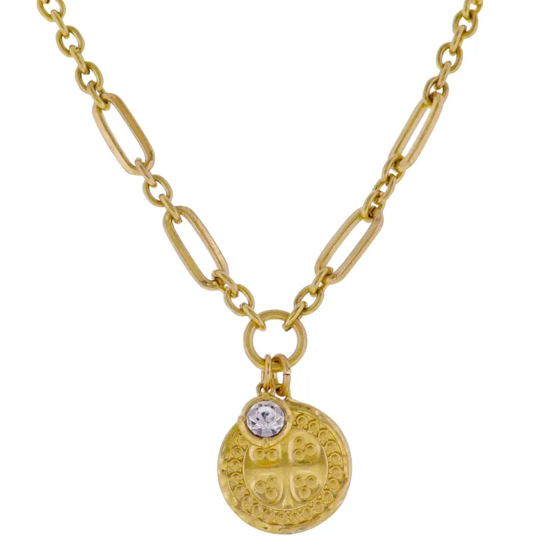 Gold Mixed Cable, Paperclip Chain Necklace with Gold Coin with Cross, Crystal Charm sold by Charming Charlie