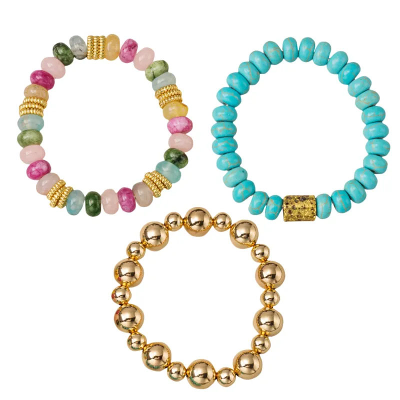 Set of 3, Gold Ball, Multi Gem Stone, Turquoise Beaded Stretch Bracelet sold by Charming Charlie