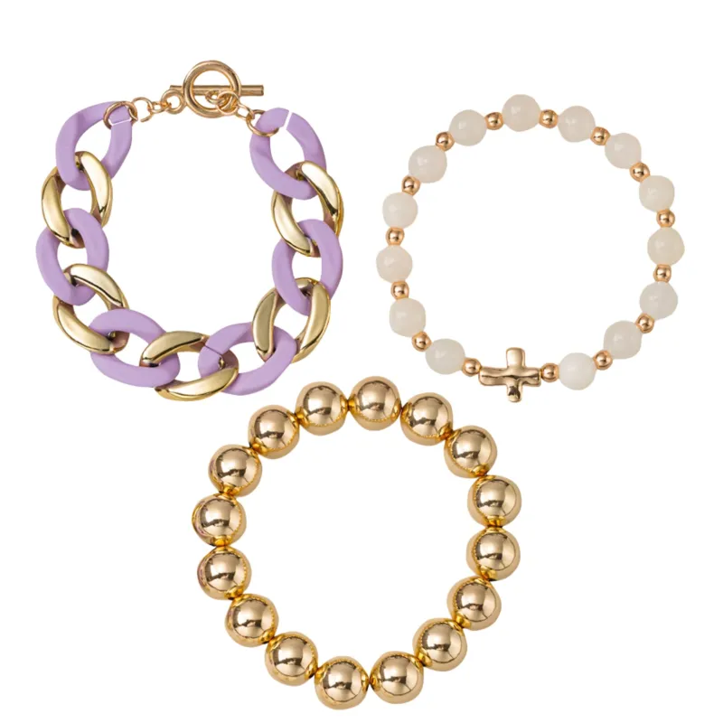 Set of 3, Beaded Gold Ball, White Gemstone with Cross, Purple & Gold Link Toggle Bracelet sold by Charming Charlie