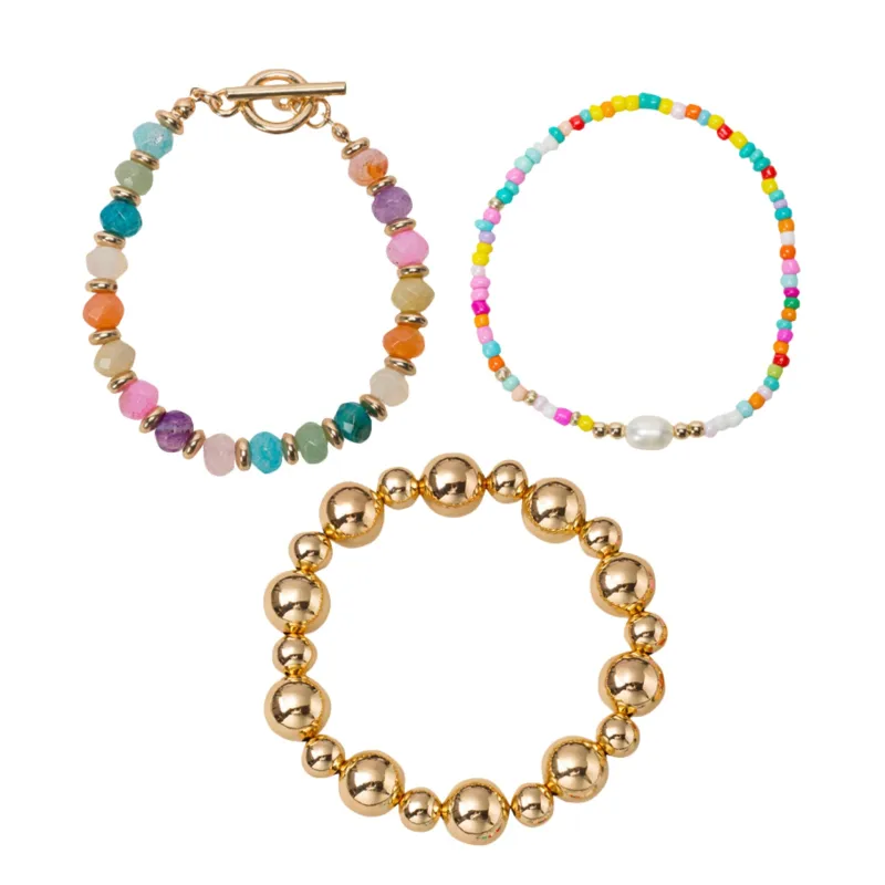 Set of 3, Multi Faceted Gemstone, Multi Seed Bead with Pearl Beaded Stretch, Toggle Bracelet sold by Charming Charlie