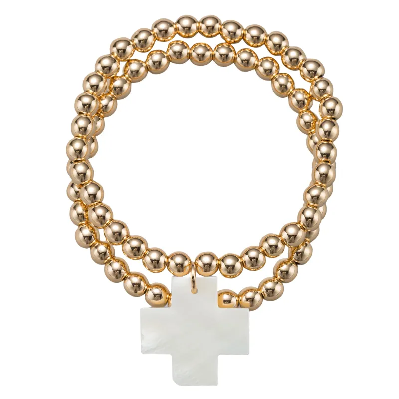 18k Gold Plated Set of 2 Beaded Stretch Bracelet with Shell Cross made by Charming Charlie