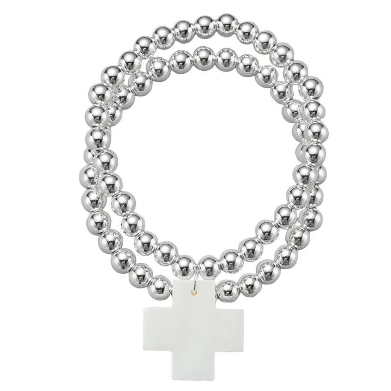18k Gold Plated Silver Set of 2 Beaded Stretch Bracelet with Shell Cross made by Charming Charlie