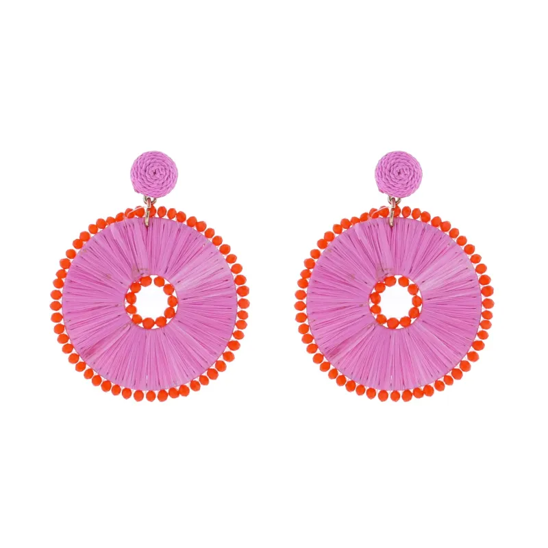 Pink, Orange Raffia Circle with Orange Beads Earring sold by Charming Charlie