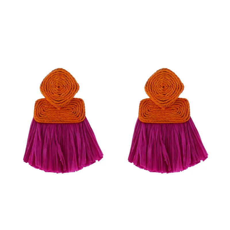 Orange, Hot Pink Rope Square, Rectangle Earring with Hot Pink Raffia Fringe sold by Charming Charlie