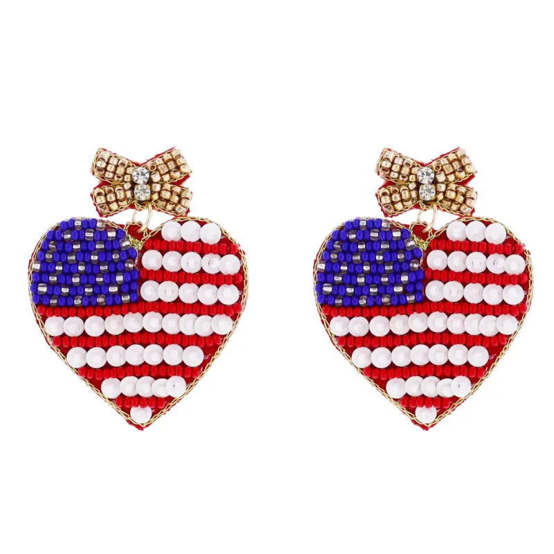 Red, White, Blue, Gold Beaded Bow Post Earring with American Flag Heart sold by Charming Charlie