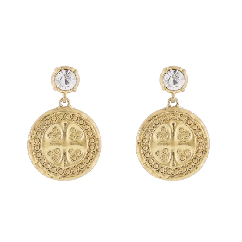 Crystal Post Earring with Gold Coin with Cross made by Charming Charlie