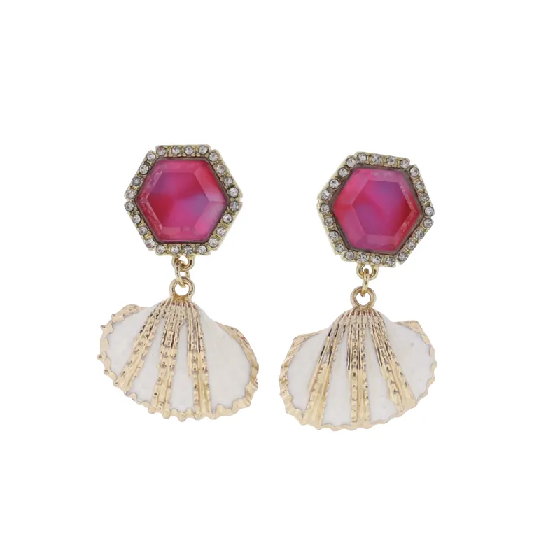 White Shell Earring with Pink Crystal Hexagon Post sold by Charming Charlie