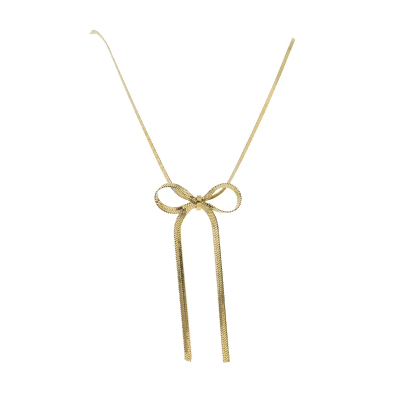 18K Gold Plated Flat Snake Chain Necklace with Gold Snake Chain Bow sold by Charming Charlie