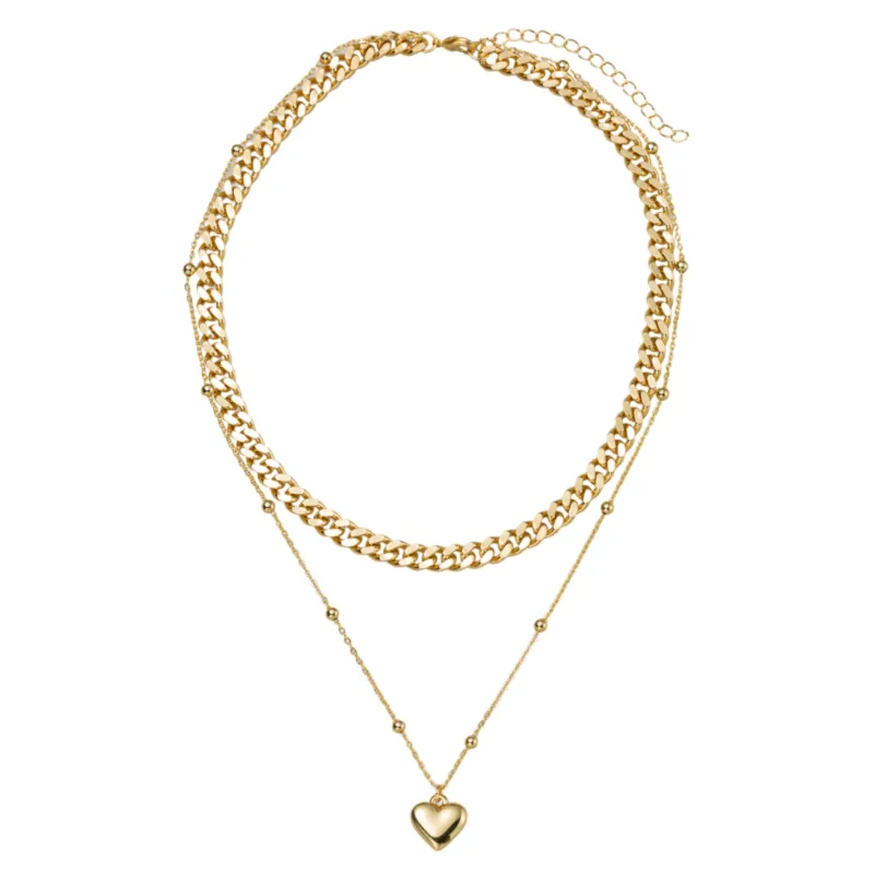 18K Gold Plated Gold Curb, Ball Station Chain Necklace with Gold Heart sold by Charming Charlie