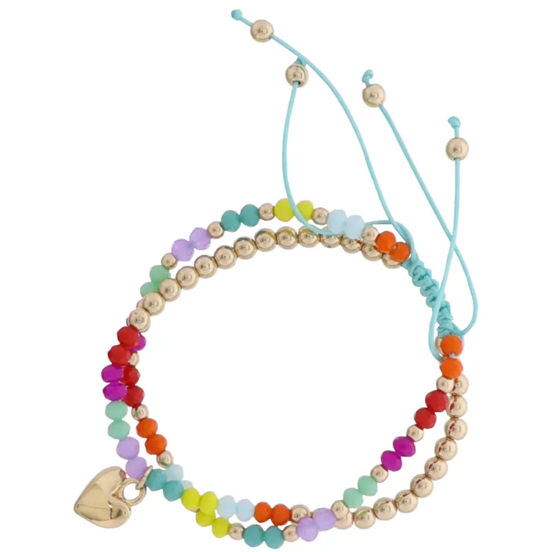 2 Strand Yellow, Orange, Tq, Pink, Gold Beaded Pully Adj. Bracelet with Gold Heart sold by Charming Charlie