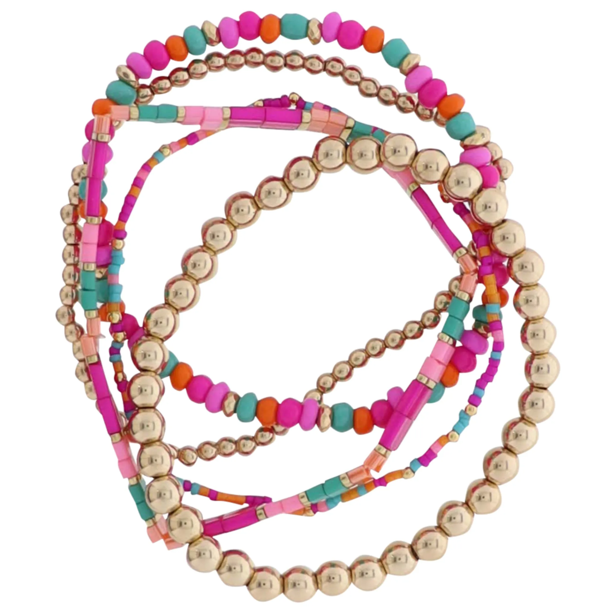 Set of 5 Gold, Pink, Orange, Teal Beaded Stretch Bracelet sold by Charming Charlie