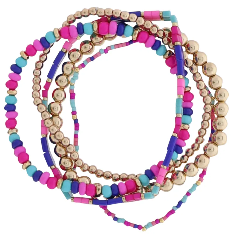 Set of 5 Royal, Pink, Tq, Gold Beaded Stretch Bracelet sold by Charming Charlie