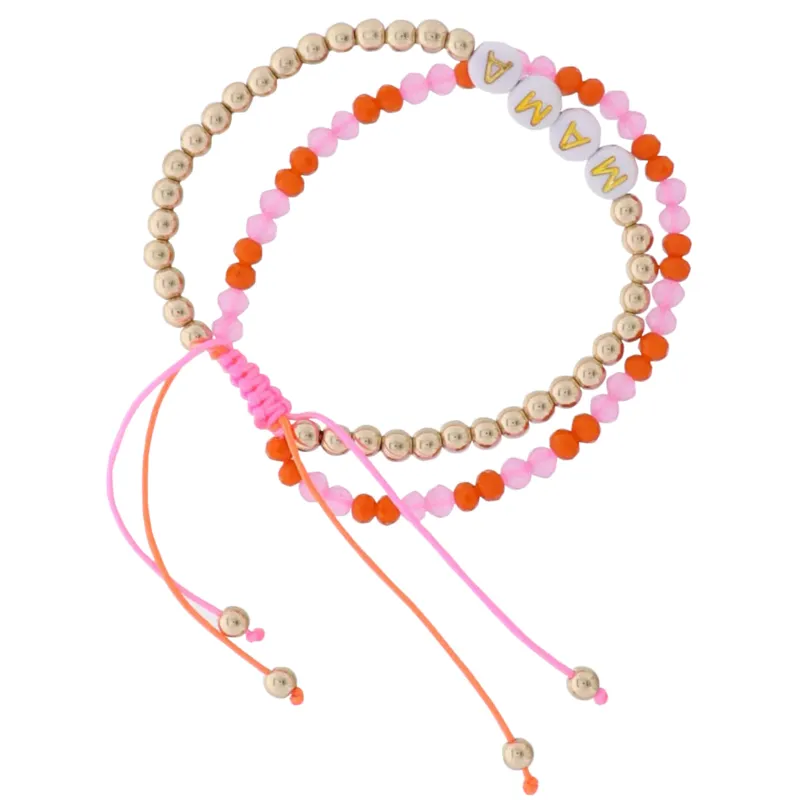 2 Strand Orange, Pink, Gold Beaded Pully Adj. Bracelet with White, Gold "Mama" sold by Charming Charlie