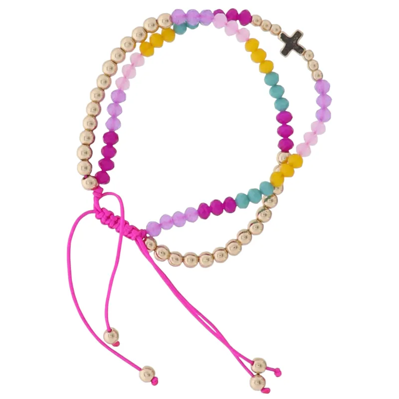2 Strand Pink, Yellow, Tq, Gold, Lavender Beaded Pully Adj. Bracelet with Gold Cross sold by Charming Charlie