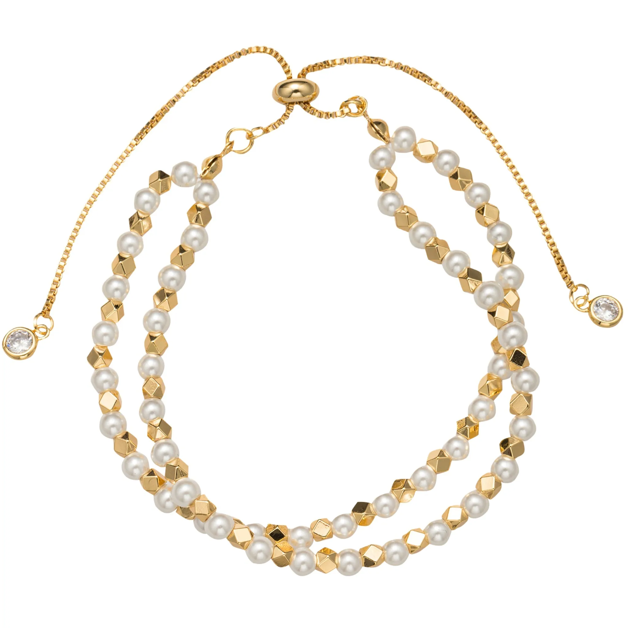 Gold, Pearl Beaded 2 Strand Bracelet with Gold Ball and Pearl Strands sold by Charming Charlie