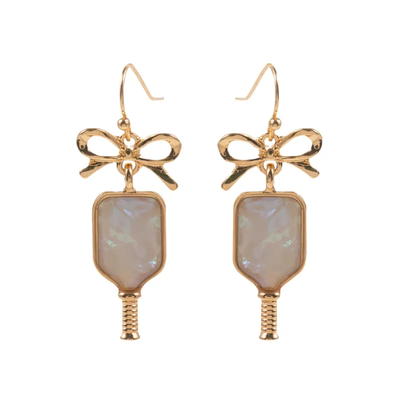 Gold, White Pickleball Paddle Earrings with Bow Post sold by Charming Charlie