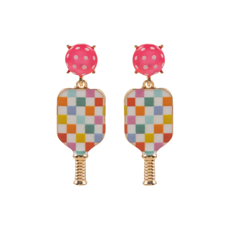 Checkered Print Multi, Gold Pickleball Paddle Earrings made by Charming Charlie