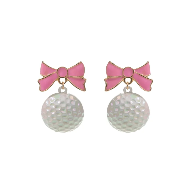 White Golf Ball Earrings with Pink & Gold Bow sold by Charming Charlie