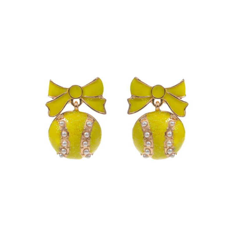Yellow, Gold & Pearl Tennis Ball Earrings with Yellow Bow Post sold by Charming Charlie