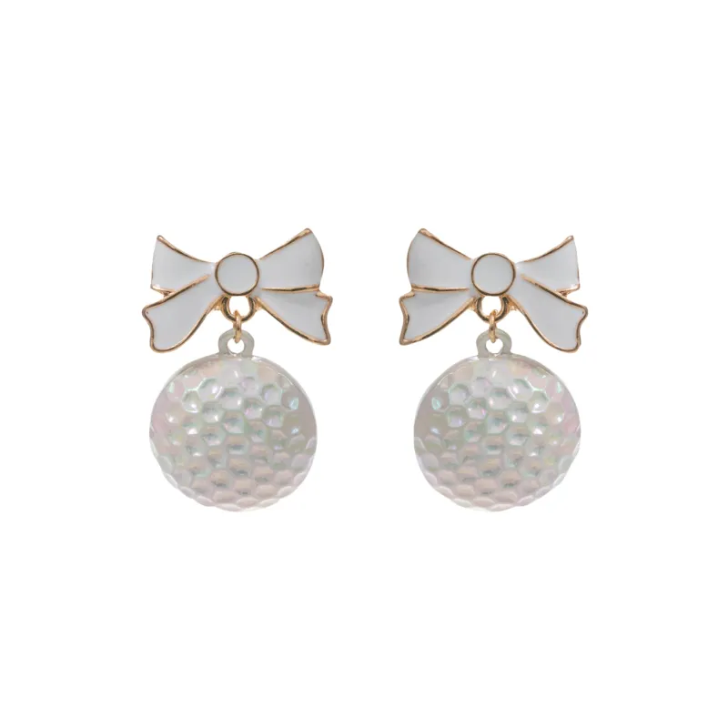 White Golf Ball Earrings with White & Gold Bow sold by Charming Charlie