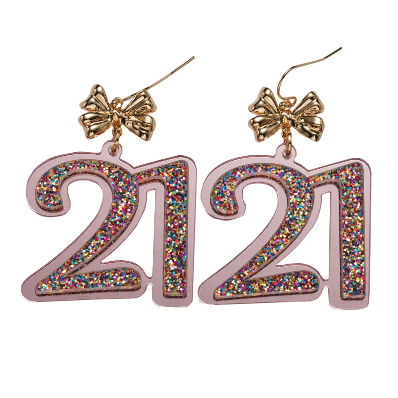 Multi Glitter Acrylic "21" Earring with Gold Bow sold by Charming Charlie