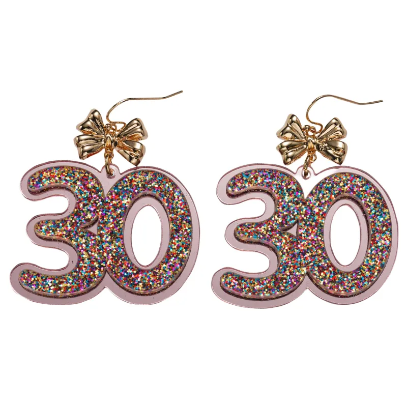 Multi Glitter Acrylic "30" Earring with Gold Bow sold by Charming Charlie