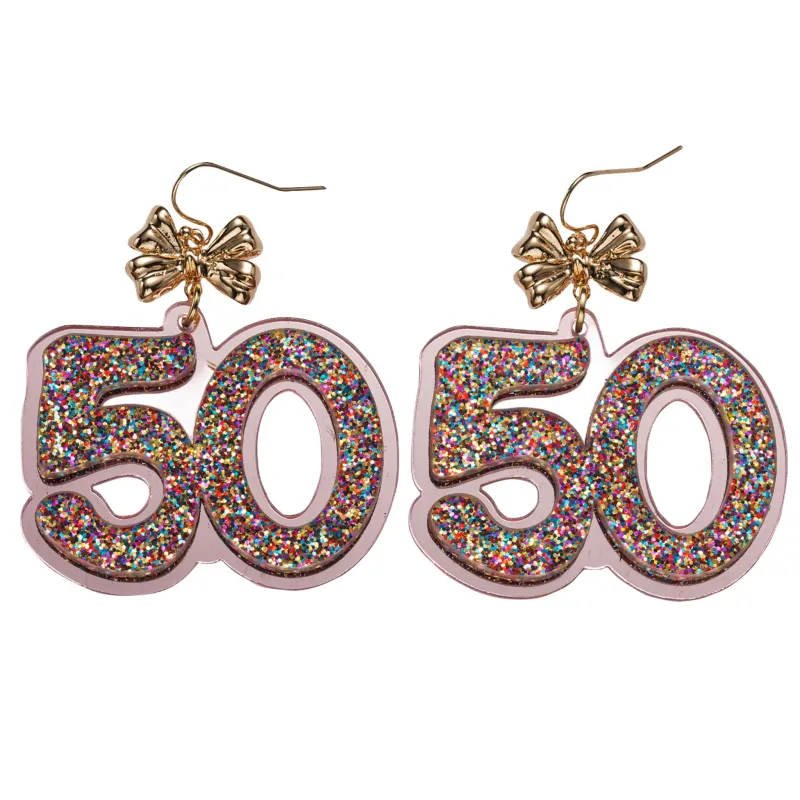 Multi Glitter Acrylic "50" Earring with Gold Bow sold by Charming Charlie