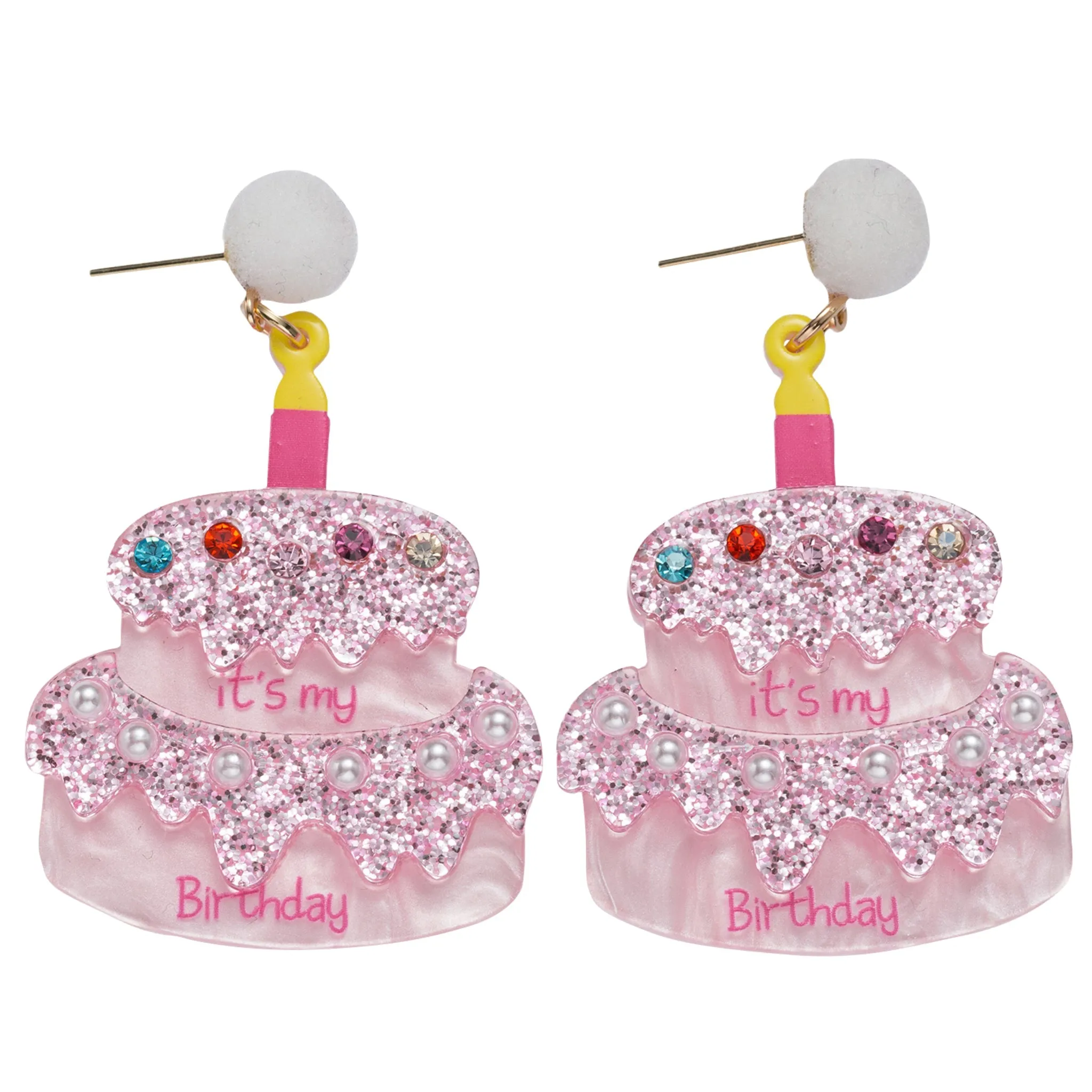 Pink, Yellow, White Glitter "It's My Birthday" Cake Earring sold by Charming Charlie