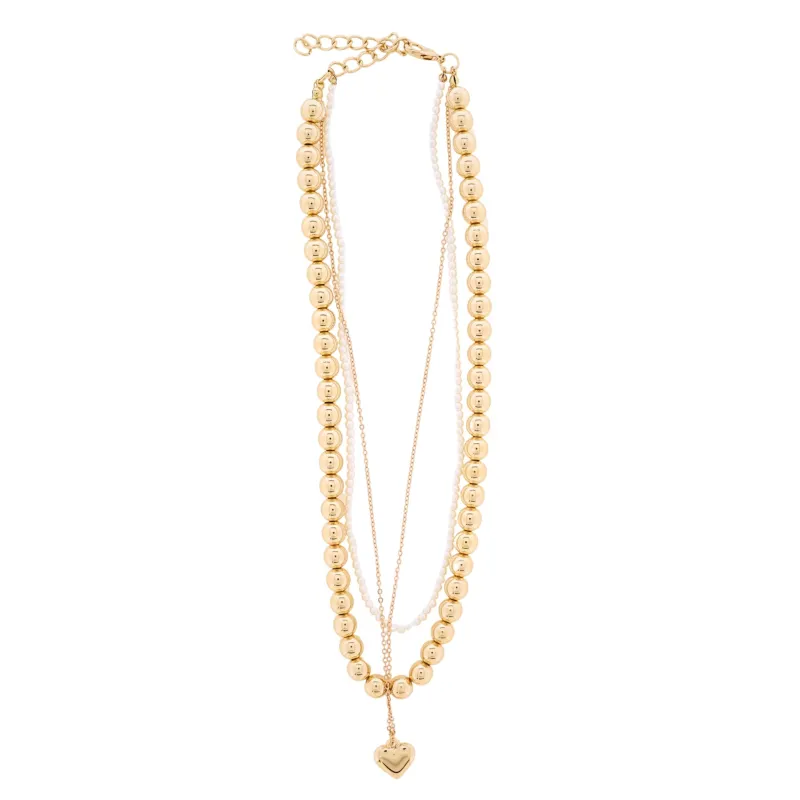 18K Gold Plated Gold & Pearl Beaded 3 Strand Necklace with Gold Heart sold by Charming Charlie