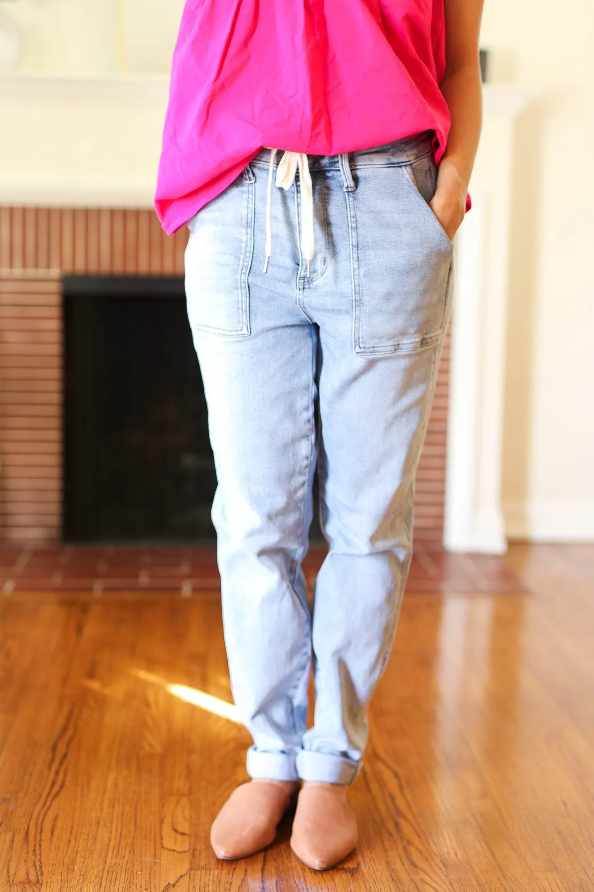 Judy Blue Everyday Bliss Light Wash Drawstring Jogger Style Jeans sold by Charming Charlie