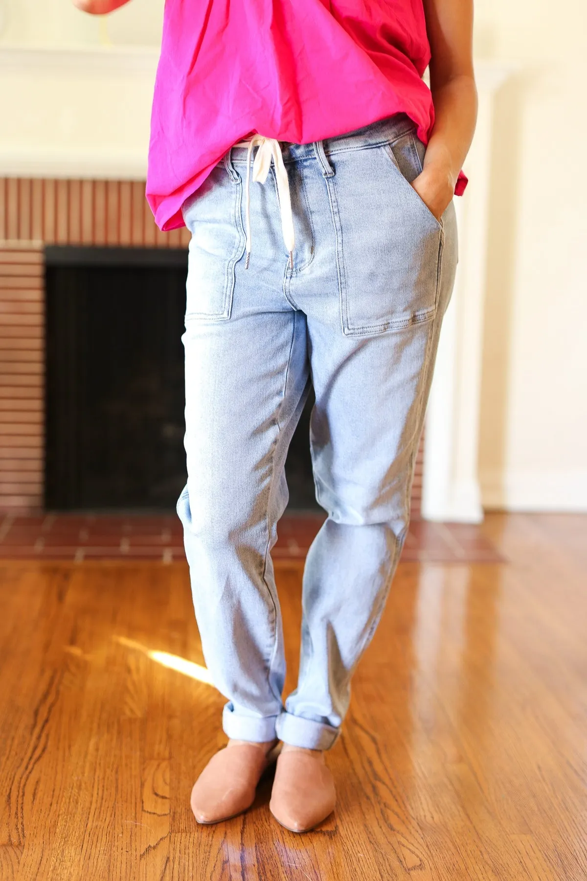 Judy Blue Everyday Bliss Light Wash Drawstring Jogger Style Jeans sold by Charming Charlie product image thumbnail 5