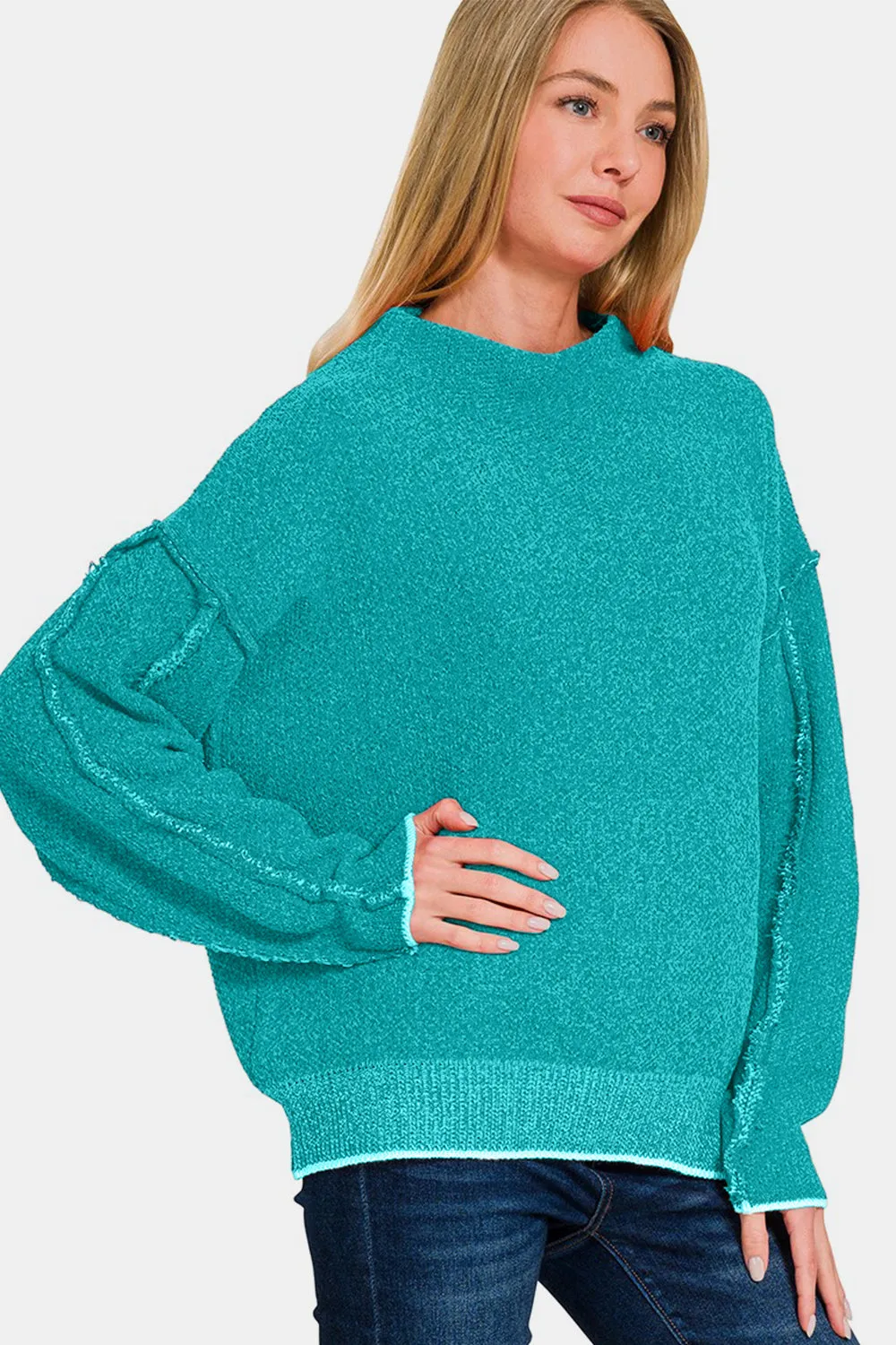 Zenana Exposed Seam Mock Neck Long Sleeve Sweater sold by Charming Charlie product image thumbnail 3