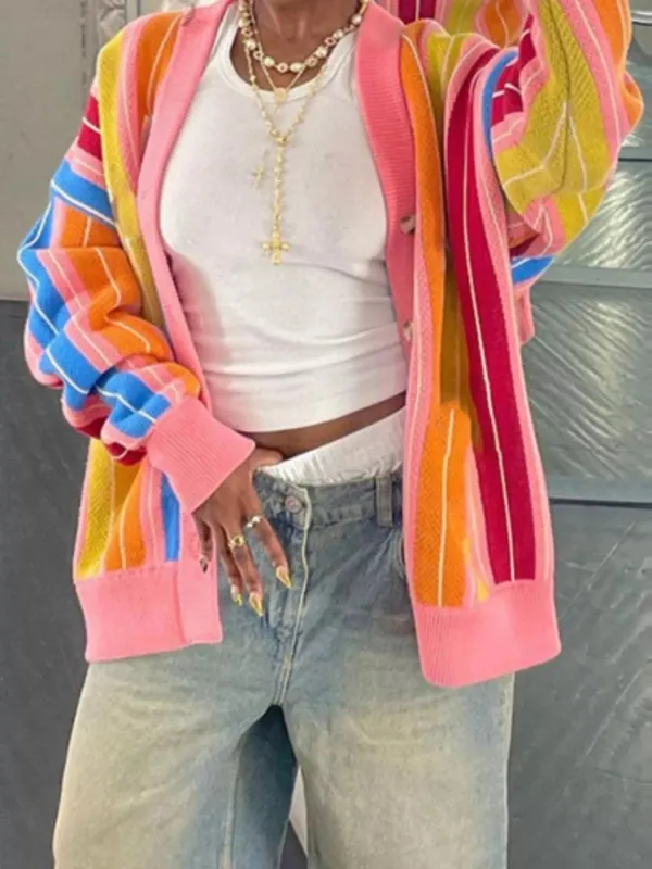 Striped Knit Button Up Cardigan made by Trendsi