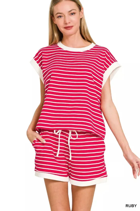 Zenana Stripe Contrast Trim Top & Shorts Set sold by Charming Charlie