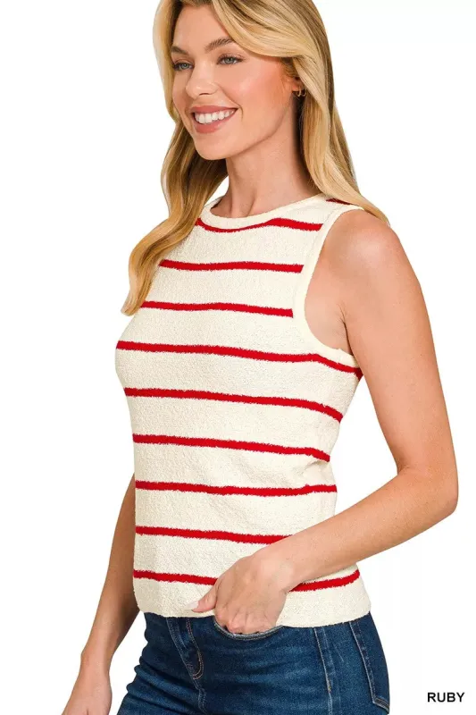 Zenana Round Neck Stripe Knit Tank Top sold by Charming Charlie