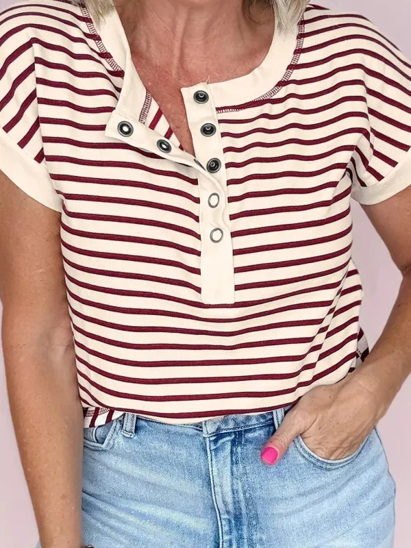 Stripe Half Buttons Round Neck T Shirt sold by Charming Charlie