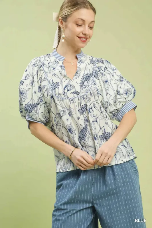 Umgee Mixed Print Puff Sleeve Split Neck Top sold by Charming Charlie
