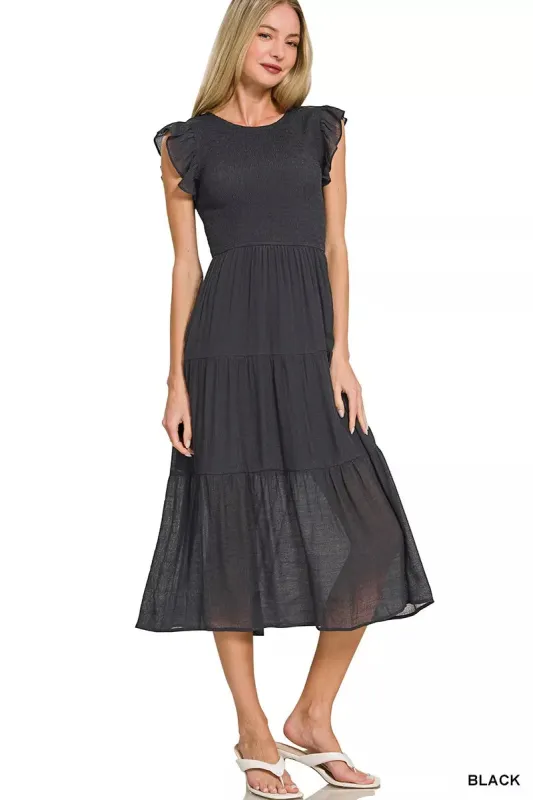 Zenana Woven Smocked Ruffle Sleeve Midi Dress sold by Charming Charlie