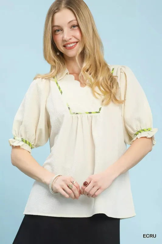 Umgee Scalloped Trim Blouse with Puff Sleeves sold by Charming Charlie