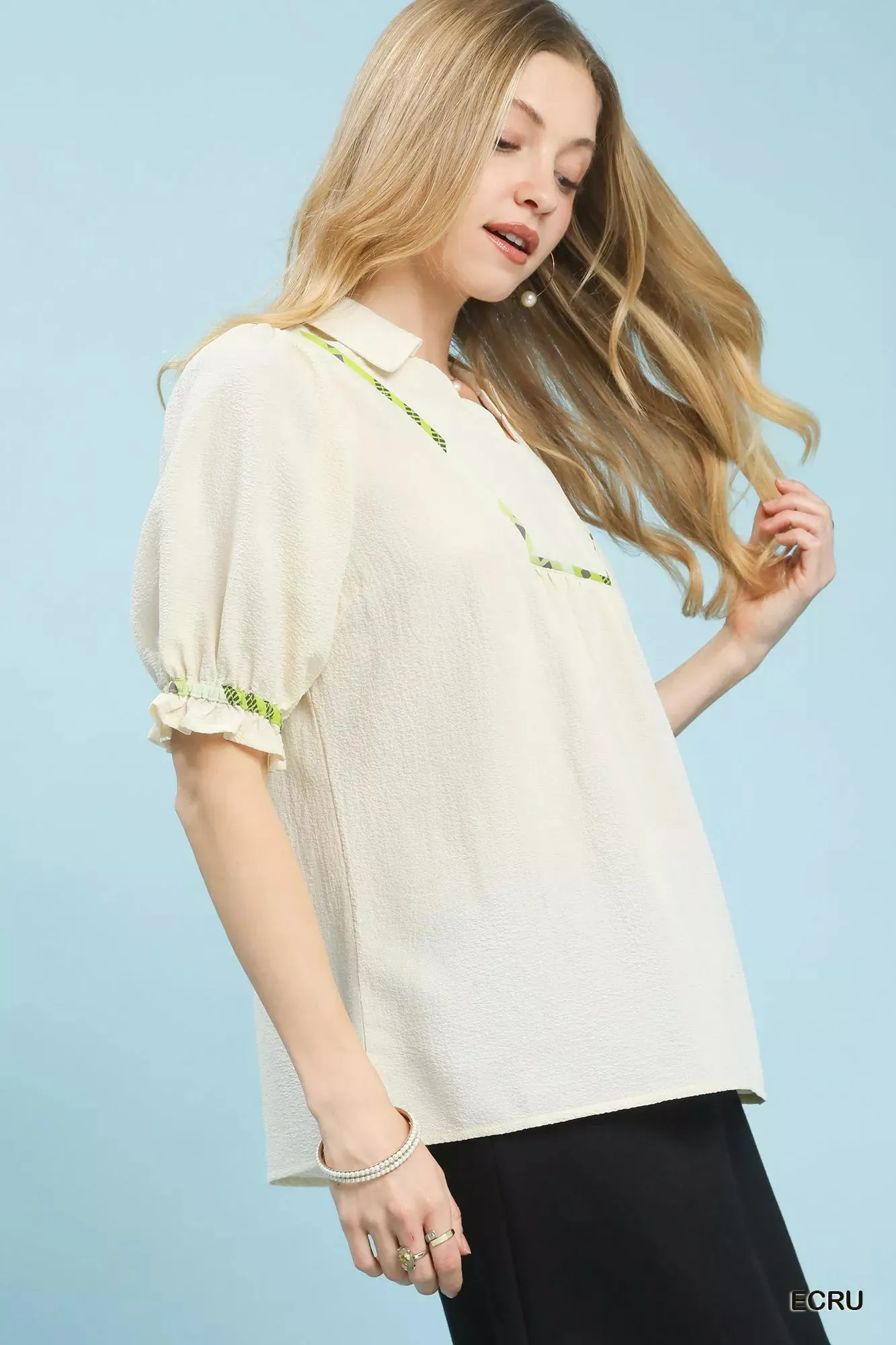 Umgee Scalloped Trim Blouse with Puff Sleeves sold by Charming Charlie product image thumbnail 3