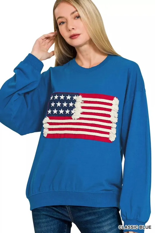 Zenana French Terry American Flag Pullover sold by Charming Charlie