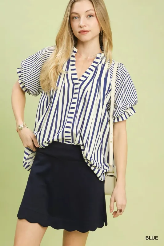 Umgee Striped Notched Top with Short Flutter Sleeves made by Trendsi