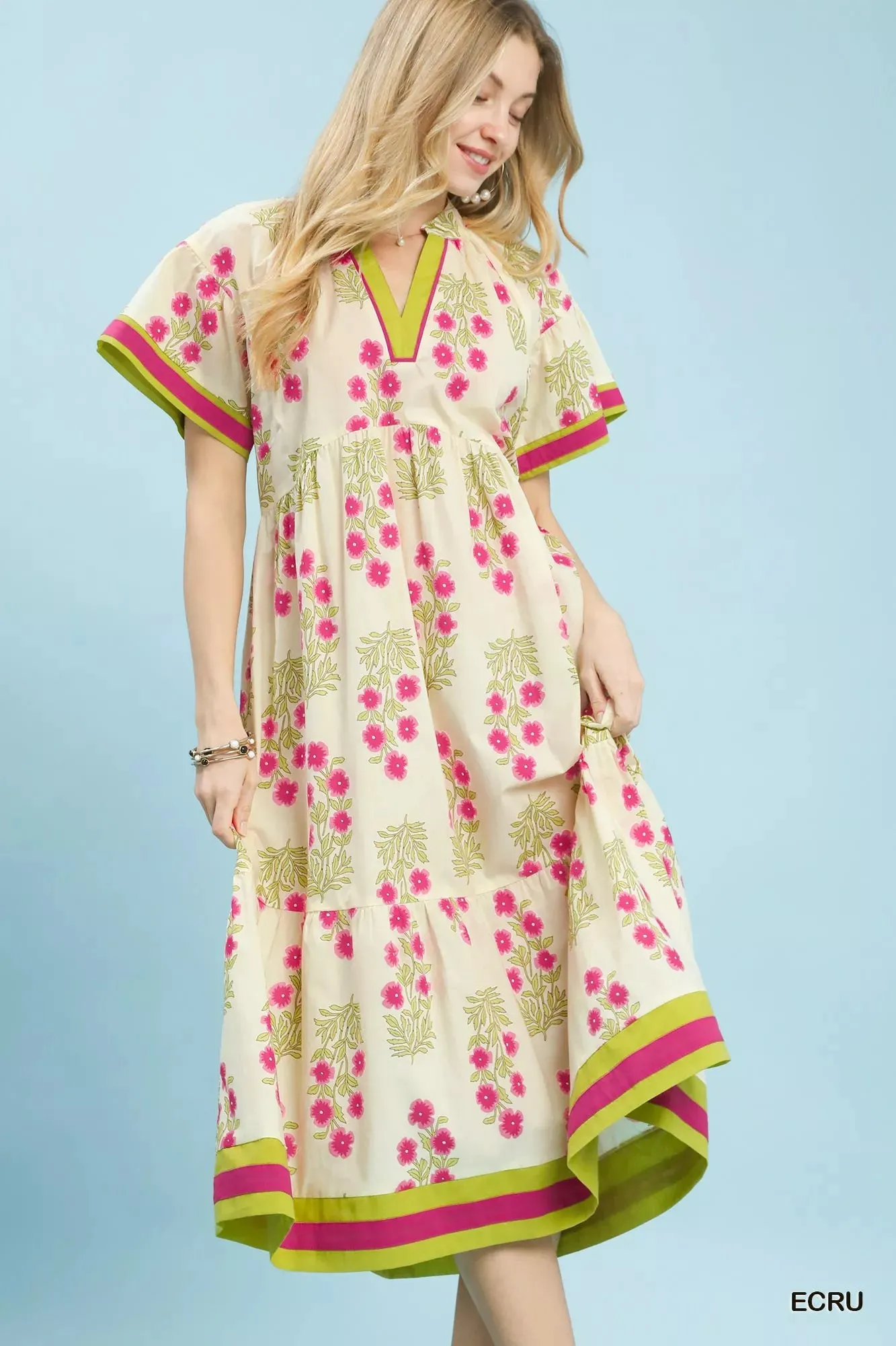 Umgee Floral Border Tiered Midi Dress sold by Charming Charlie