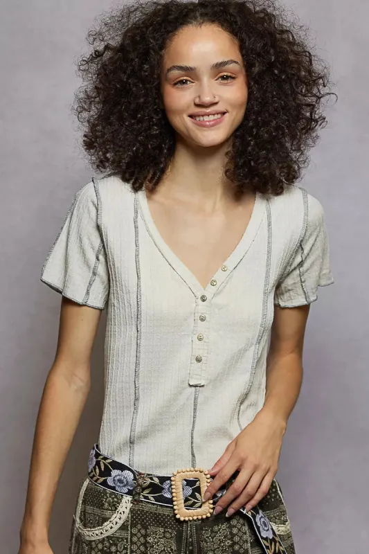 POL V-Neck Short Sleeve Top with Stitch Seam Detail sold by Charming Charlie